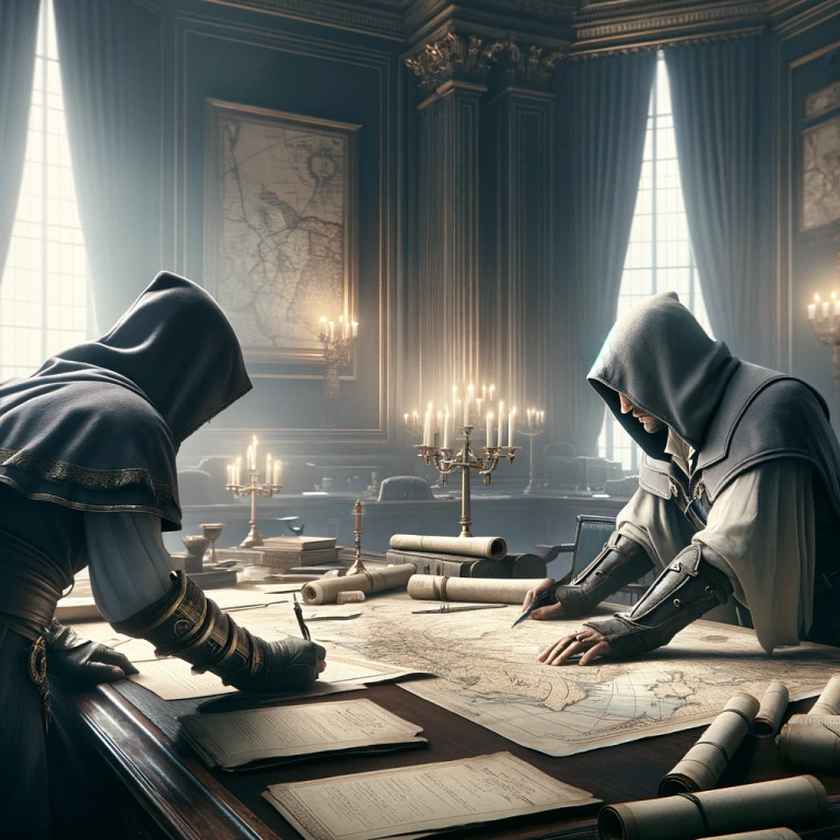 Two City State Era Hooded Human leaders planning.